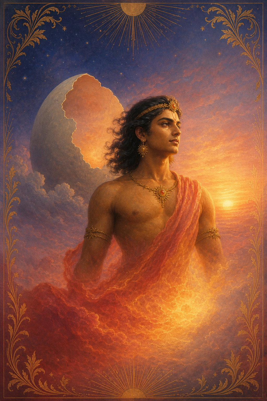 Aruna's upper body rises from red-gold dawn clouds beside an opened celestial egg, while the lower part of his form remains unfinished and merges into light.