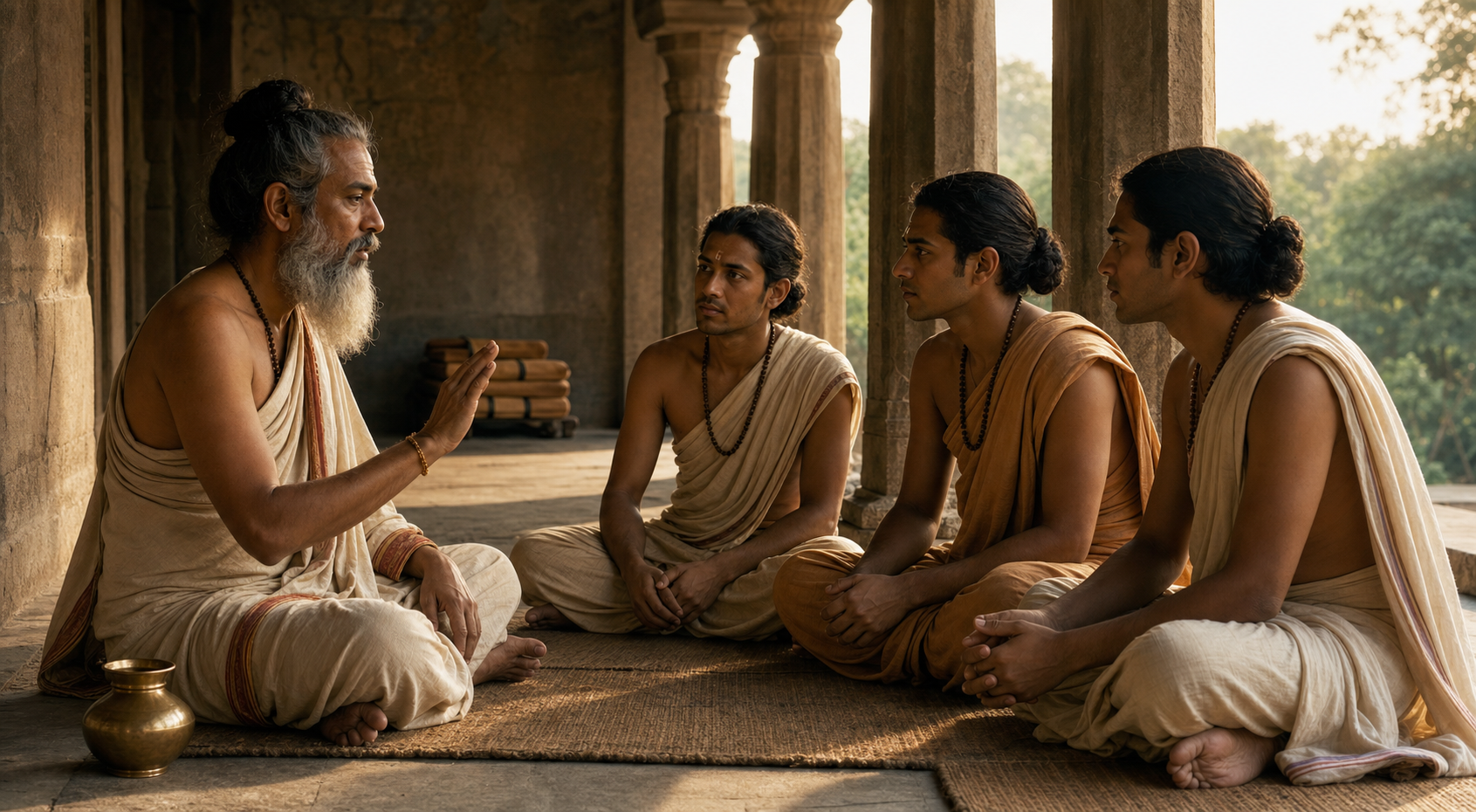 A teacher leads three seated adult students in attentive oral recitation beneath a shaded stone veranda.