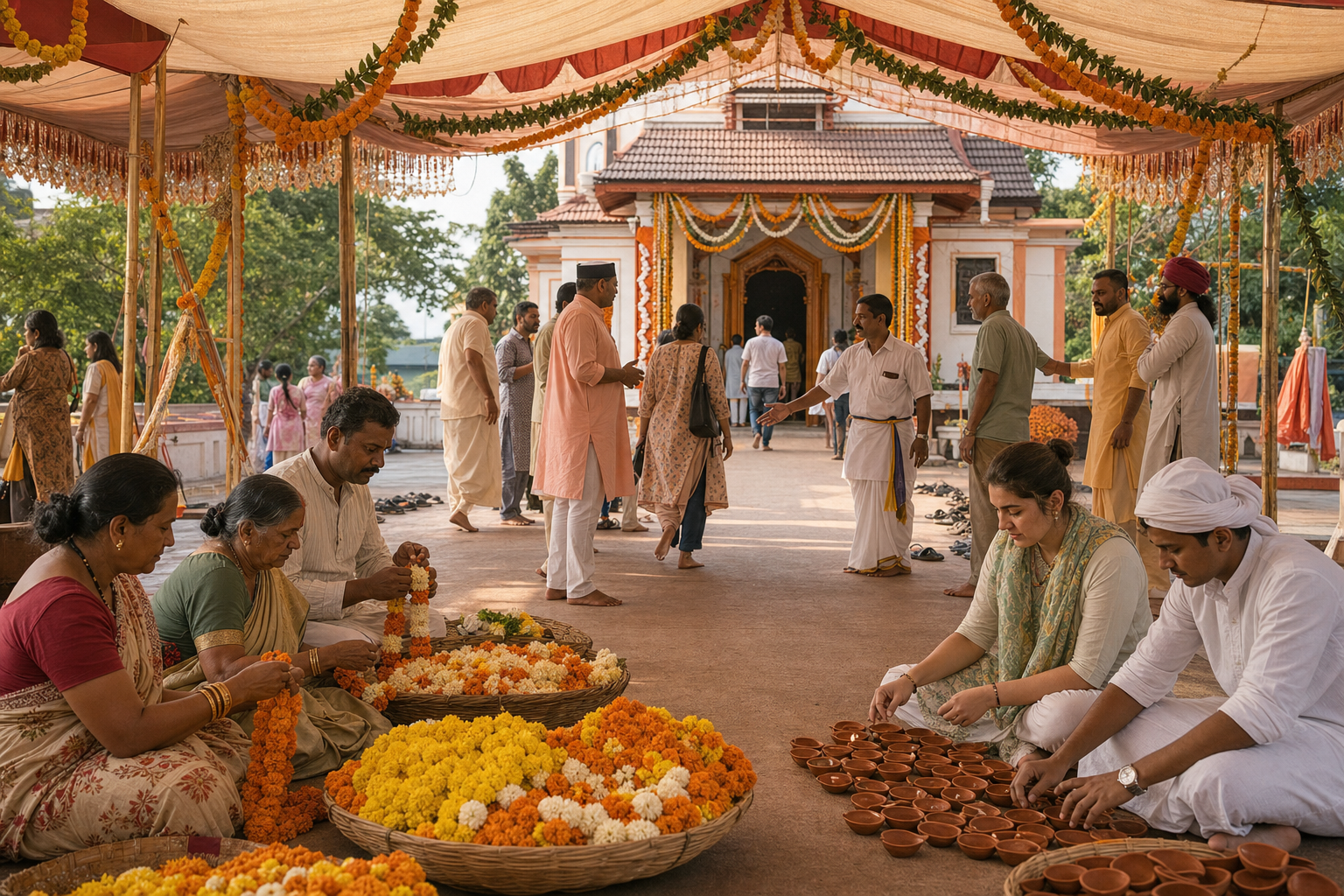 Local vendors and visiting participants prepare flower garlands and clay lamps together near a Goan temple while keeping a pilgrim walkway clear.