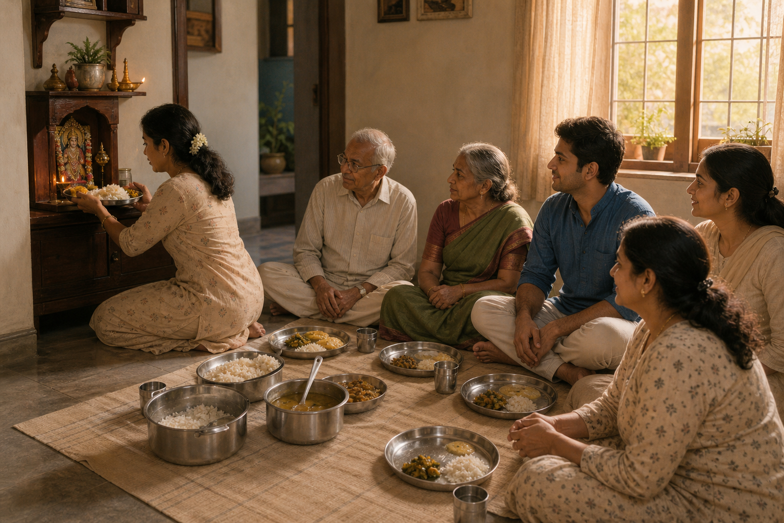 A family waits at a clean dining space while a small portion of rice, dal, and vegetables is offered at a home shrine, with the cook seated among them.