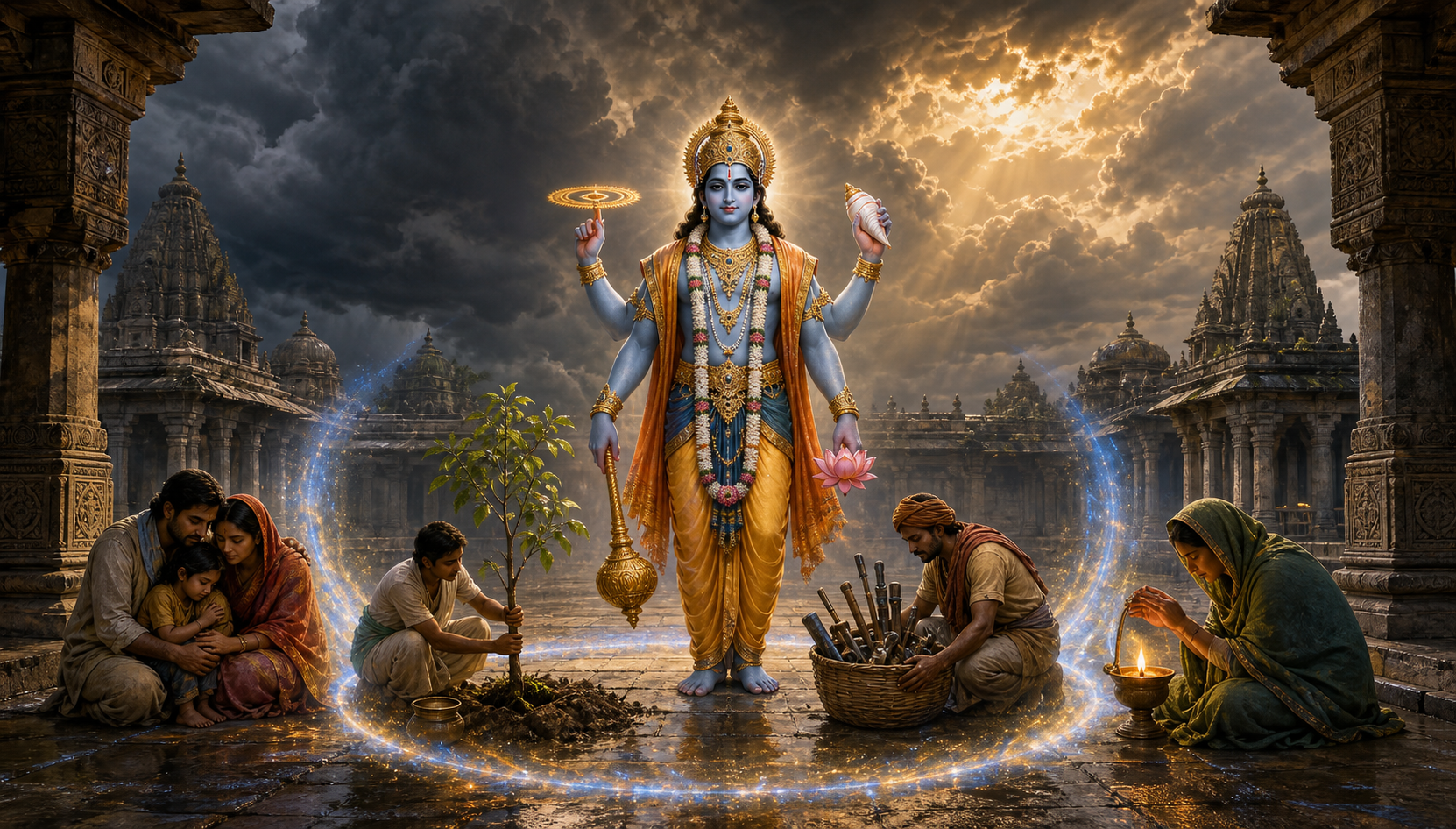 Vishnu stands in a storm-darkened temple courtyard as families and workers protect a tree, tools, and an oil flame within a circle of light.