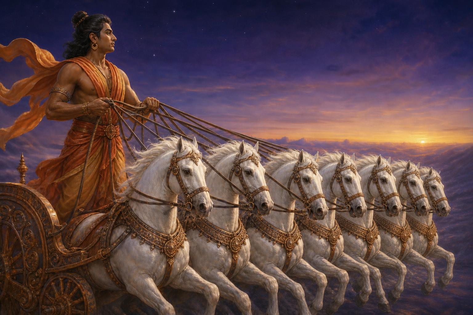 Aruna checks the harness and holds seven eager white horses steady as the first golden light appears beneath a violet dawn sky.