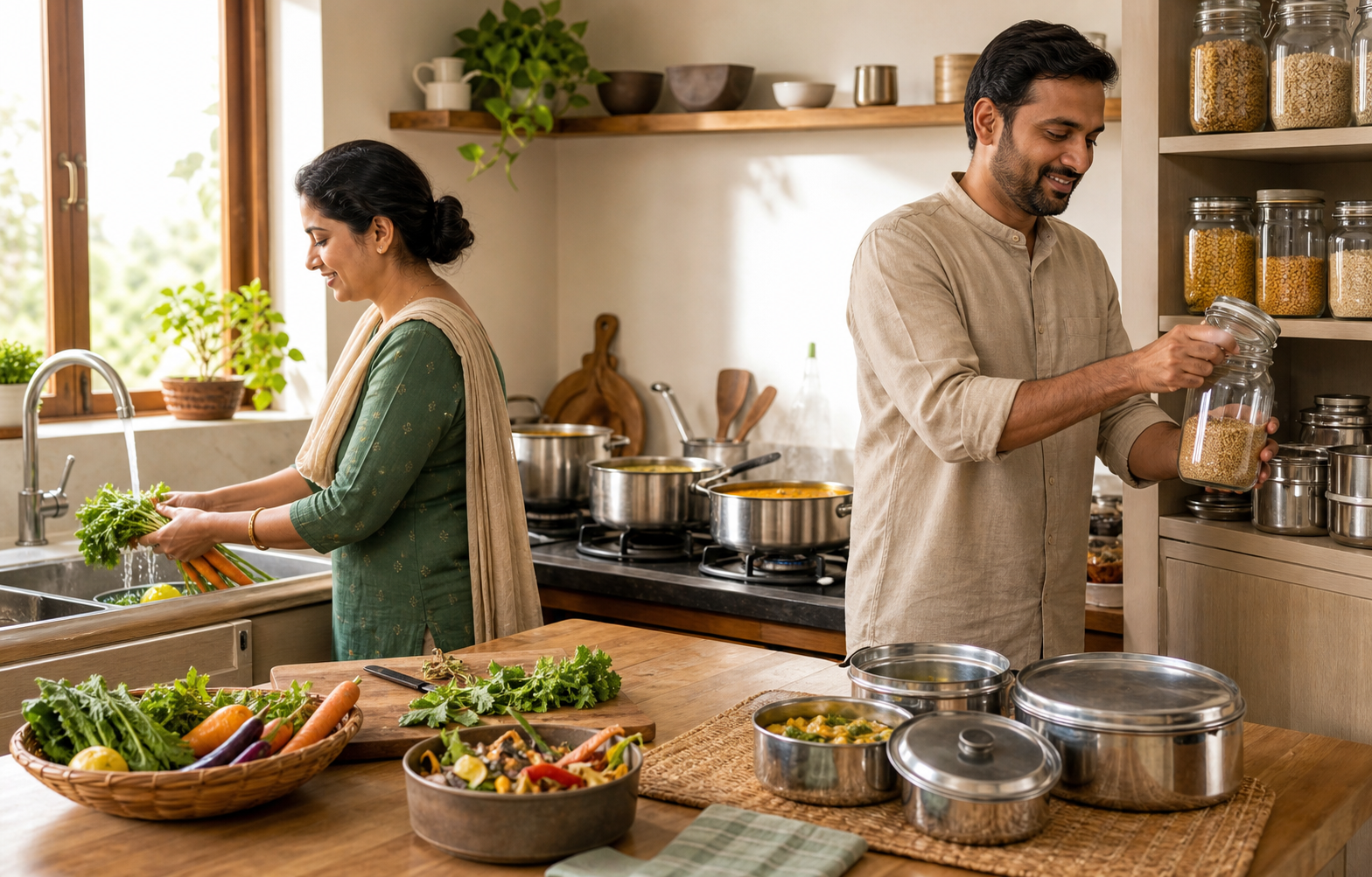 Two people share kitchen work while washing vegetables, storing grains, cooking measured portions, collecting scraps, and saving covered leftovers.