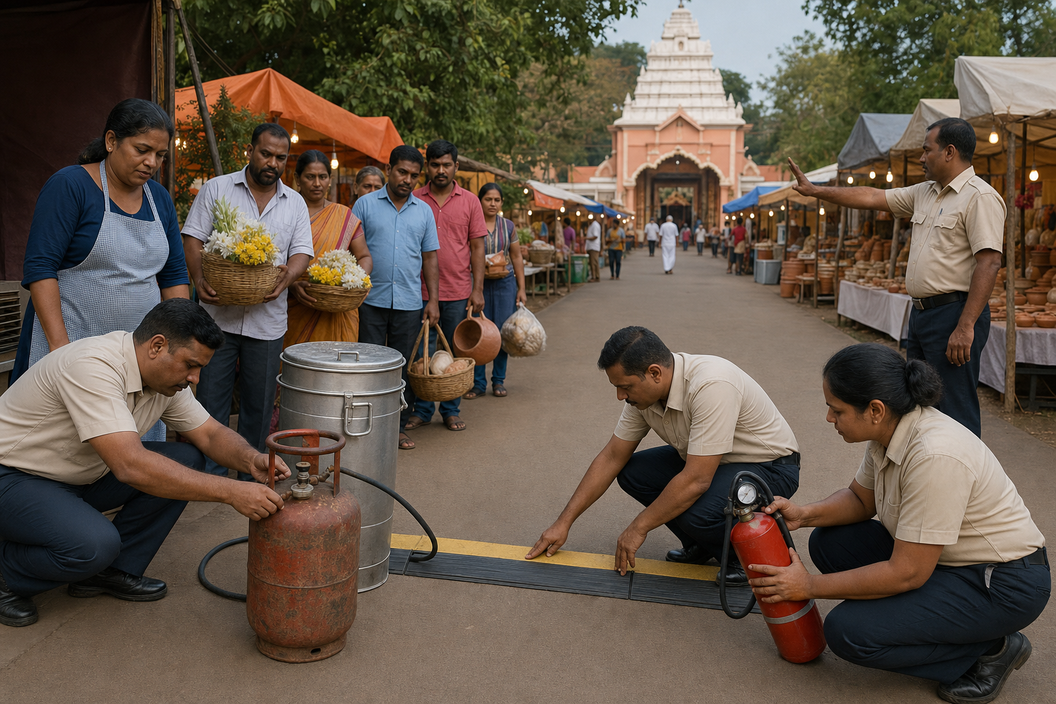 Festival staff apply the same safety inspection to vendors while checking gas equipment, electrical cables, a fire extinguisher, and an open emergency lane.