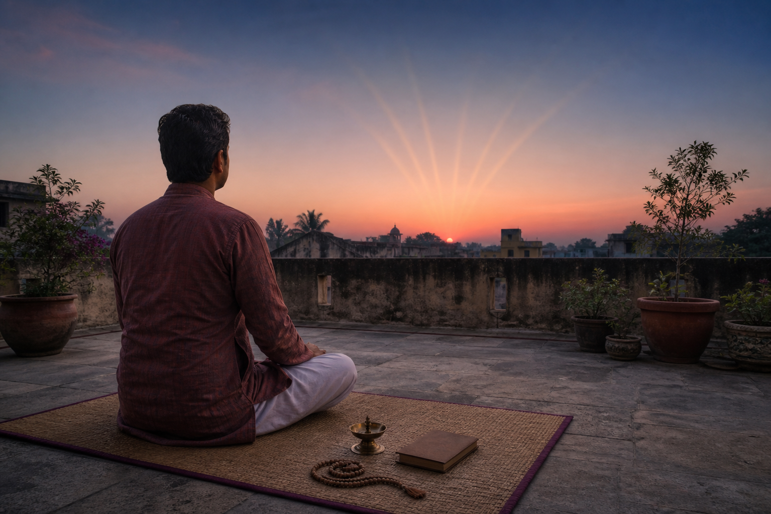 A person meditates on a rooftop terrace before sunrise beside a brass lamp and prayer beads as rose and gold light gathers on the horizon.