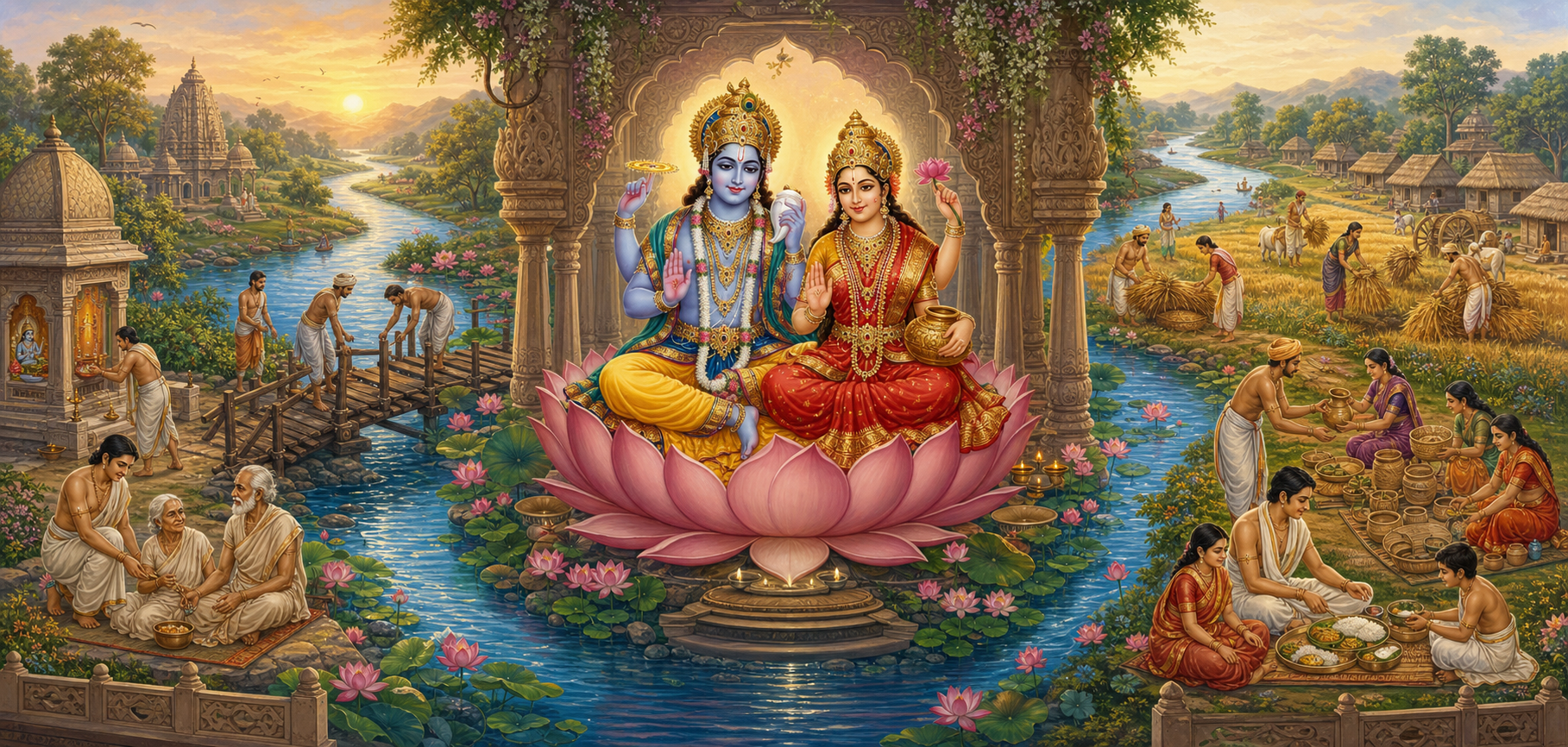 Vishnu and Lakshmi overlook a riverside community where people repair a bridge, care for elders, harvest grain, make goods, and share food.