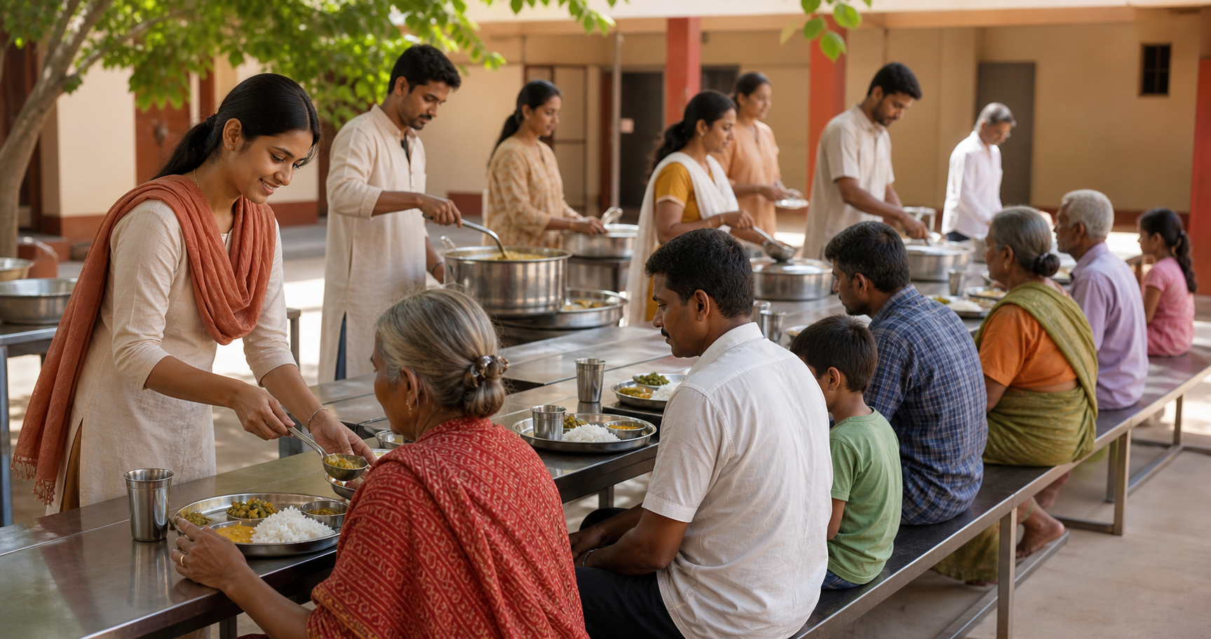 Volunteers serve rice, dal, vegetables, and water to a diverse group of guests seated at clean tables in a shaded courtyard.