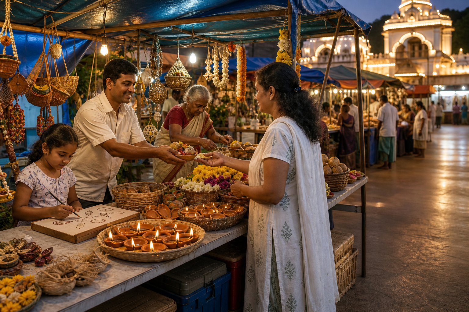 A multigenerational local family serves pilgrims from an orderly flower and devotional-goods stall at an evening temple fair.