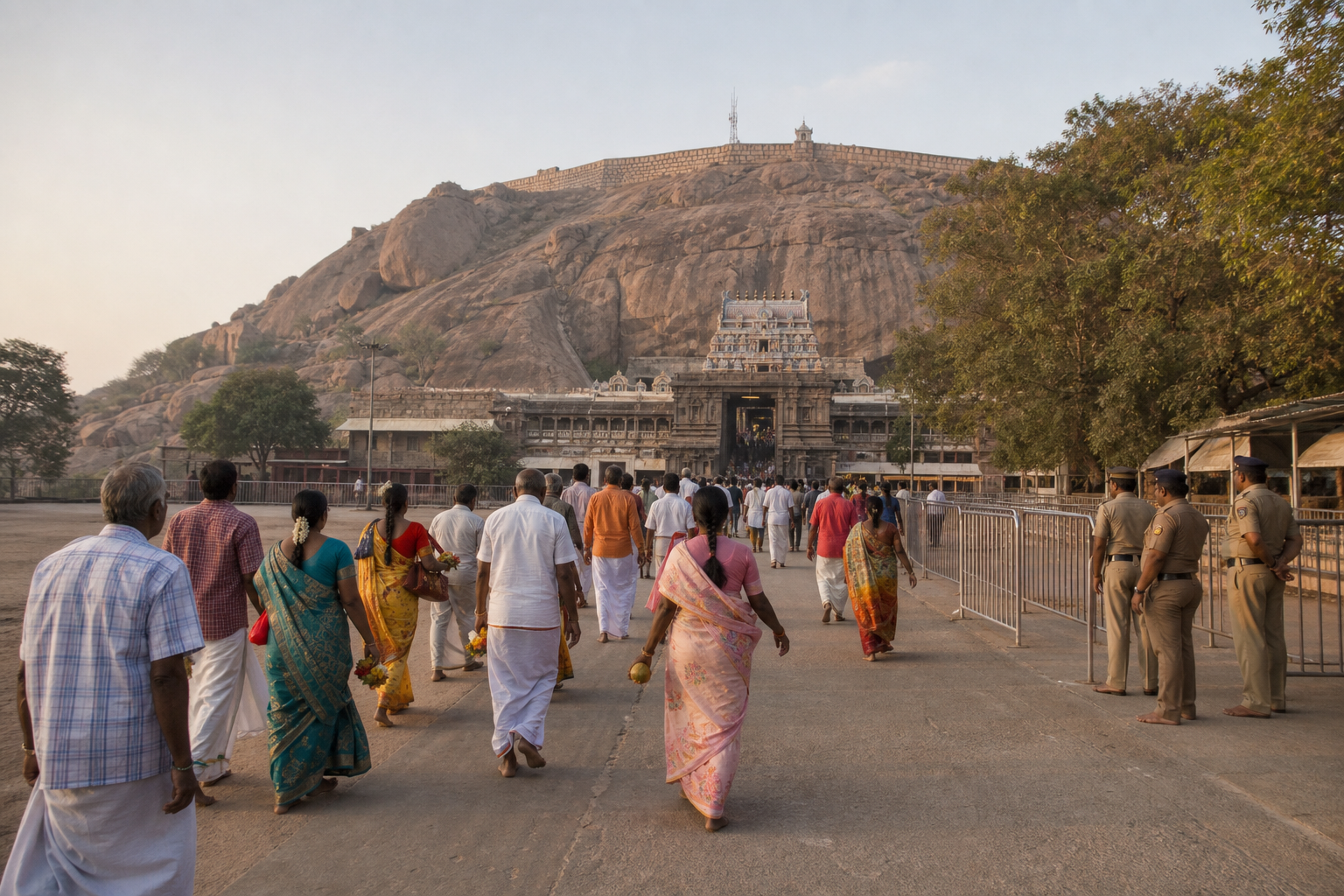 Devotees approach Tirupparankundram Temple in the morning while public-safety personnel monitor temporary barriers beside the pilgrim route.