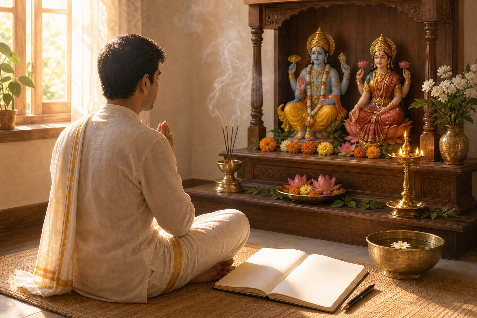 A devotee meditates at dawn before a small Vishnu and Lakshmi shrine, with flowers, an oil lamp, incense, water, and a blank open journal nearby.
