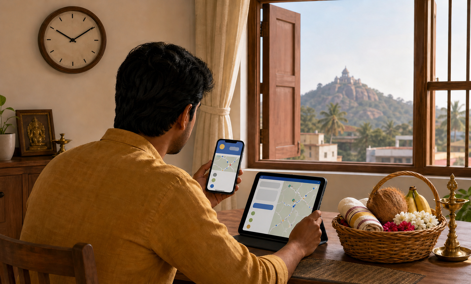 A devotee checks two digital sources at home beside a packed temple offering basket before leaving for darshan.