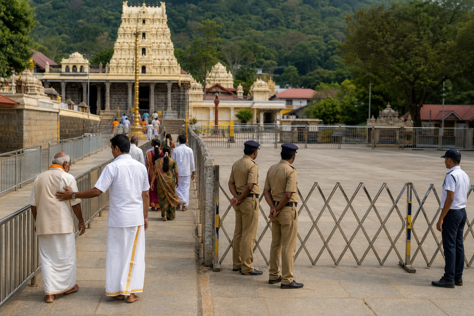 Temporary barriers separate a closed gathering area from an open temple access lane used by devotees.