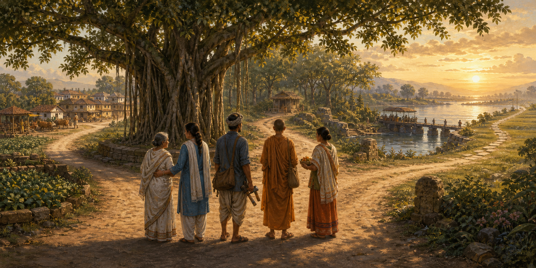 Several people with different everyday roles stand beneath a banyan tree where four paths lead toward a village, forest, river, and bright horizon.