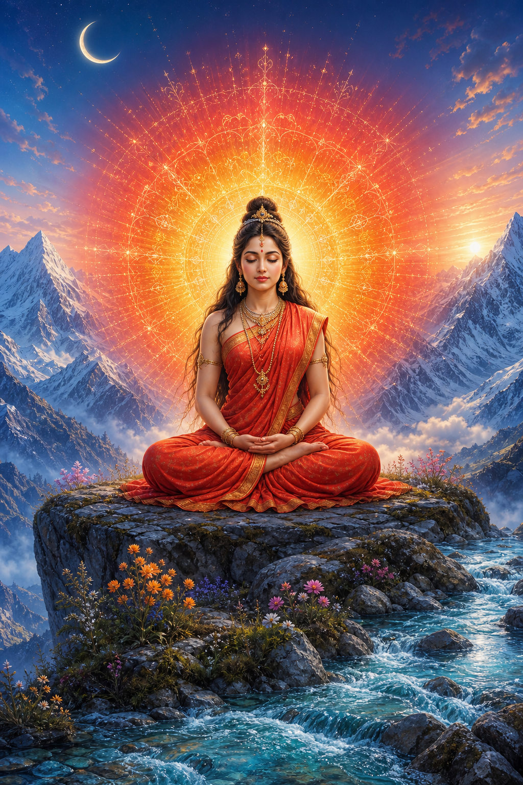 Parvati meditates on a Himalayan ledge as a radiant red and gold aura expands behind her among snowy peaks and alpine flowers.