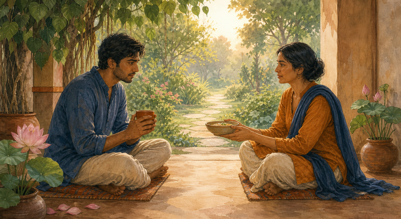 Two adults sit together on a shaded veranda as one listens and offers food and a warm drink to the other.