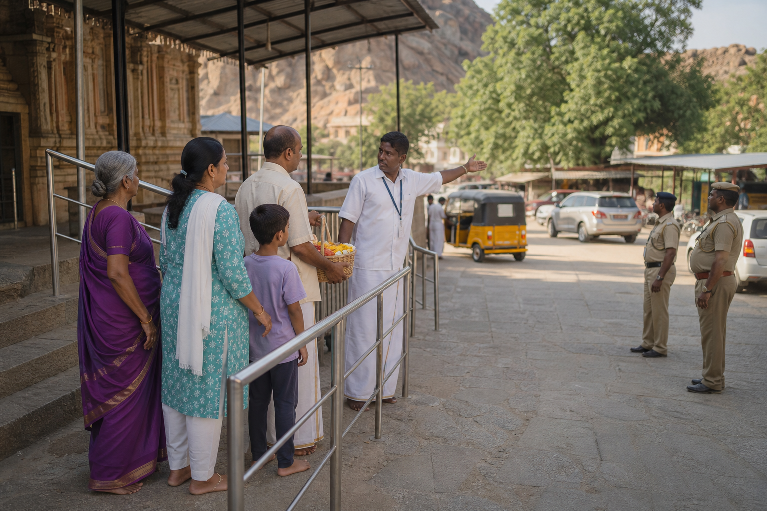 A family follows an orderly temple queue near a visible exit and designated vehicle pickup area during daylight.
