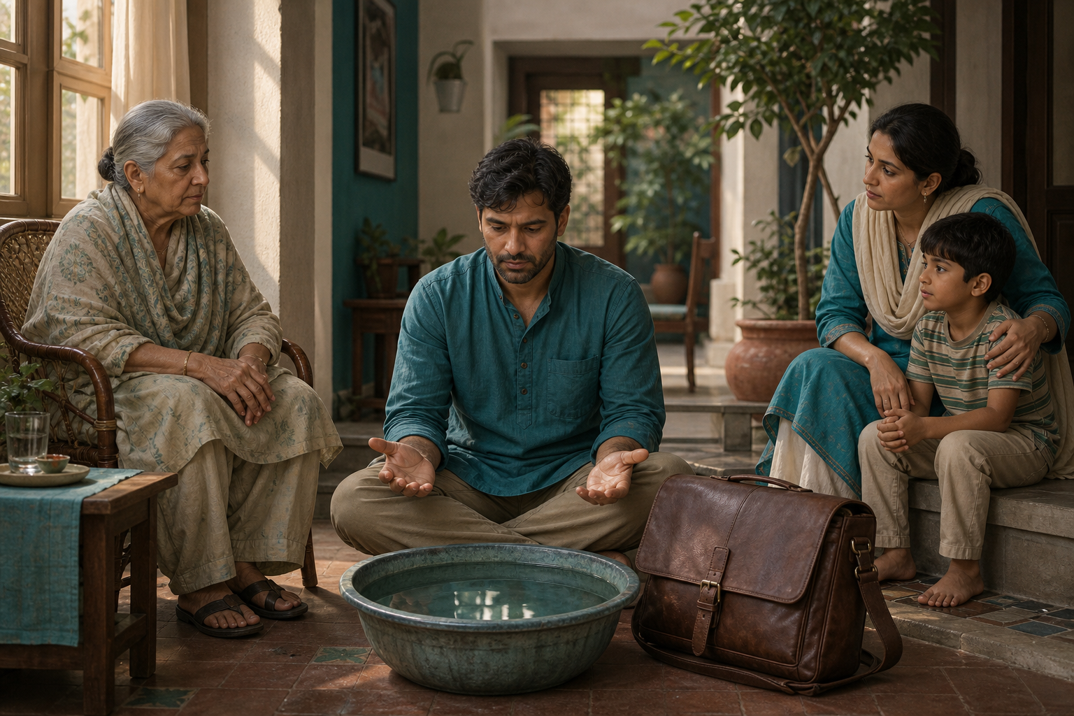 An adult pauses in a household courtyard between an elderly parent, a partner and child, and a packed work satchel.