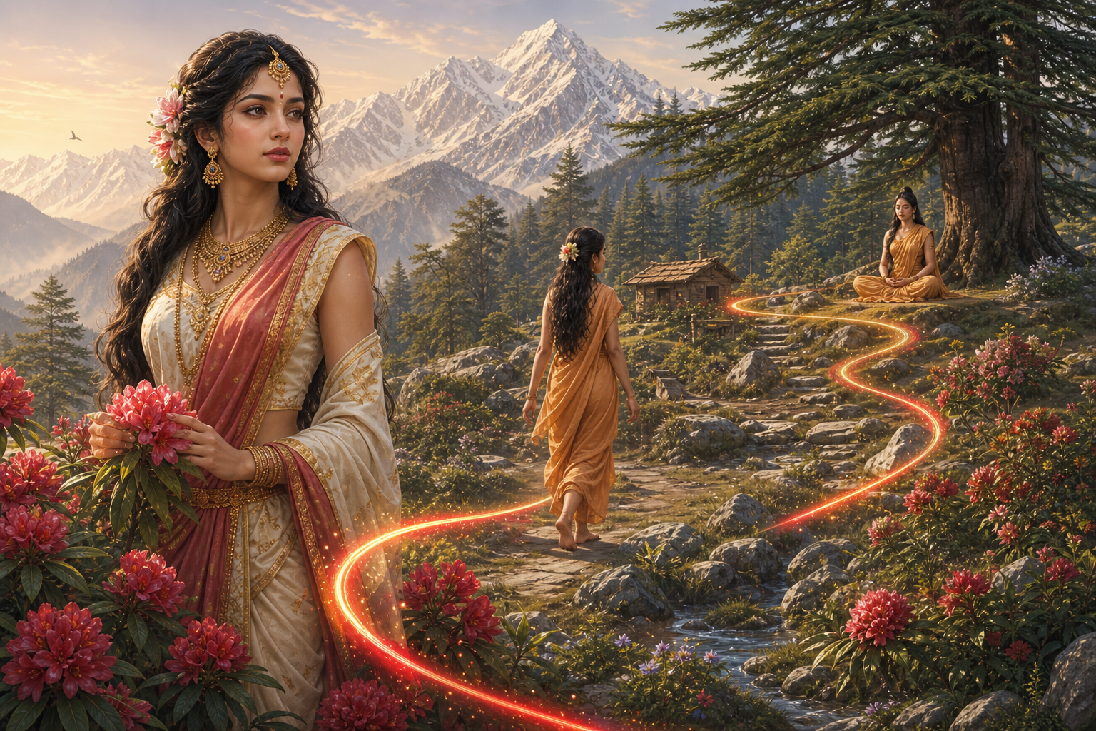 Three connected scenes show the same Parvati as a Himalayan princess, a seeker entering the forest, and an ascetic meditating beneath a tree.