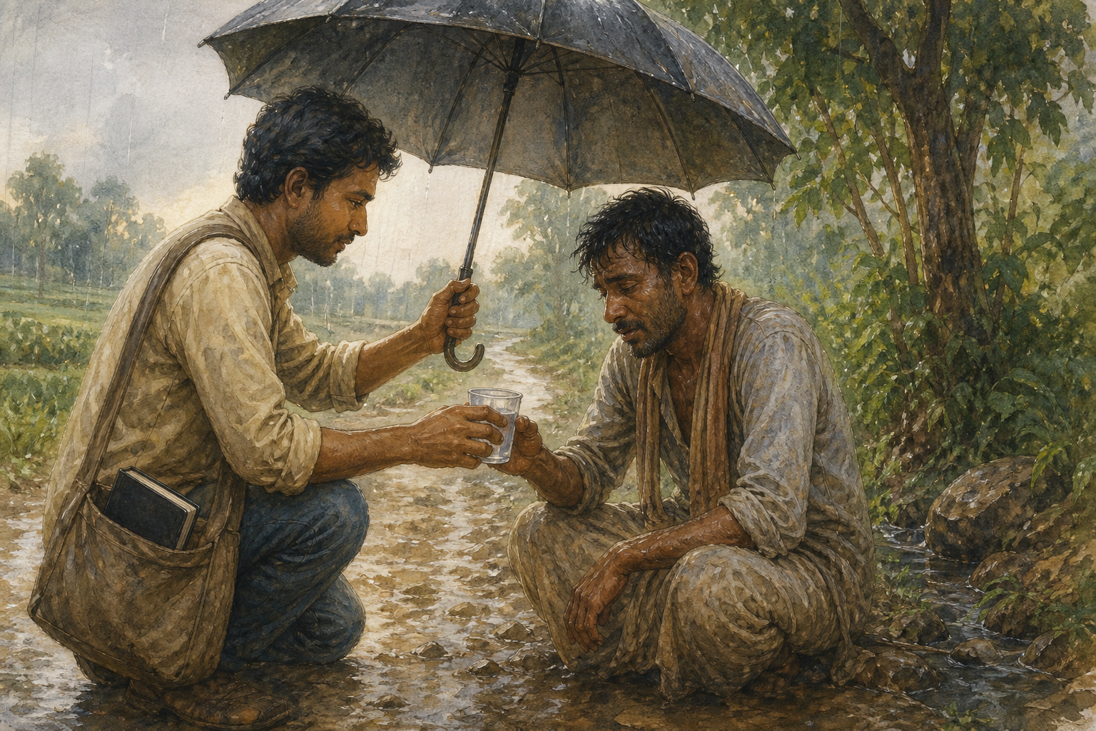 A person shelters a tired traveler from rain with an umbrella and offers a cup of water while a closed book remains in a shoulder bag.