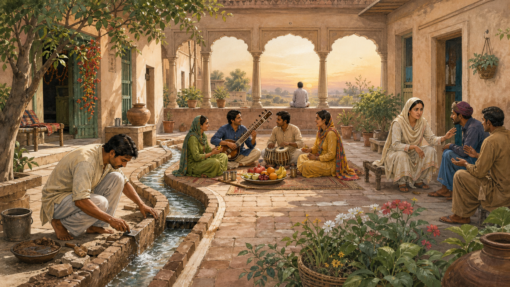 One connected courtyard contains people maintaining a water channel, sharing food and music, resolving a disagreement, and sitting in quiet contemplation.