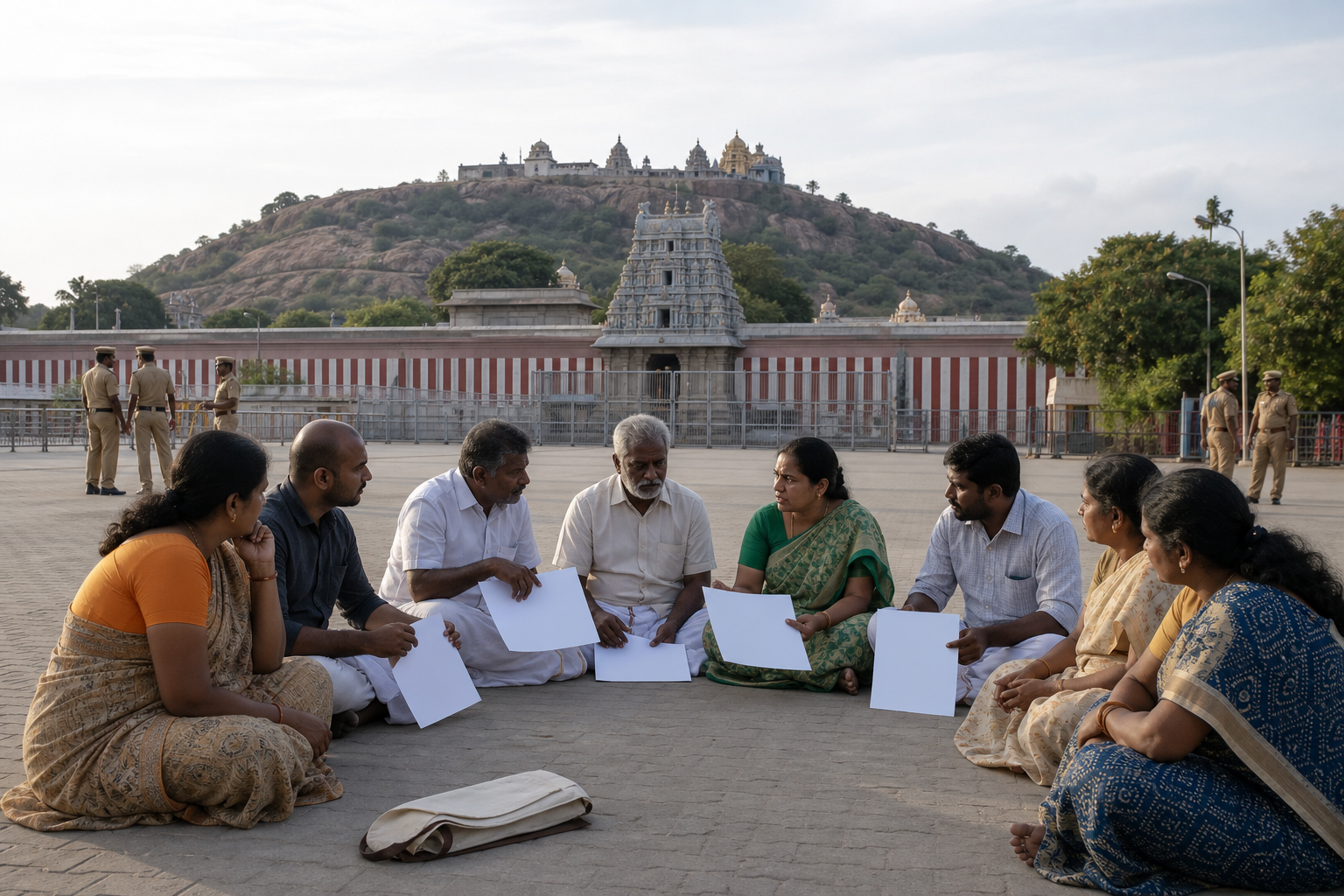 Devotees and community organisers hold a calm seated discussion in a designated area away from the temple entrance.