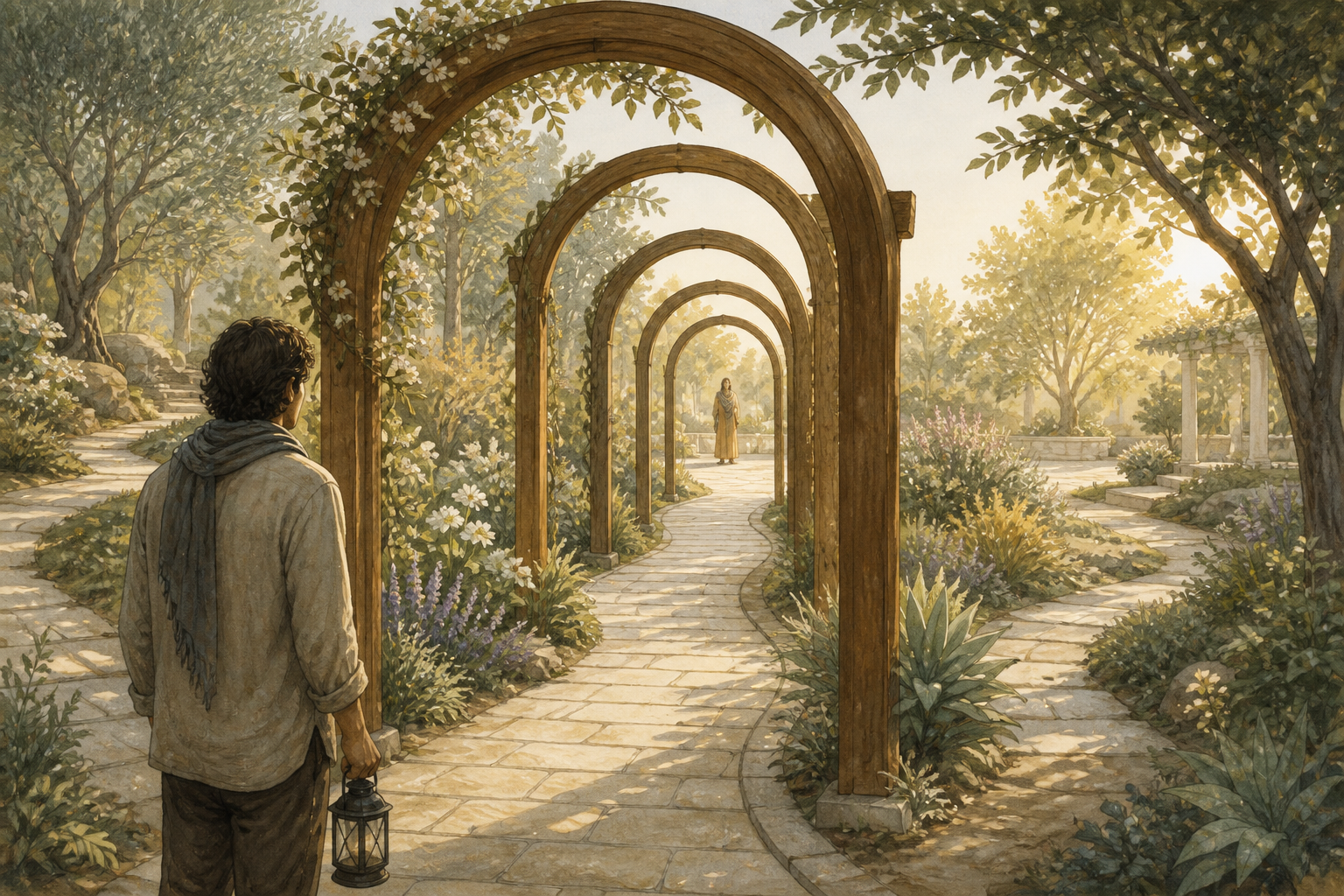 A person with a lantern pauses before a garden path passing through five open wooden archways toward a sunlit courtyard.