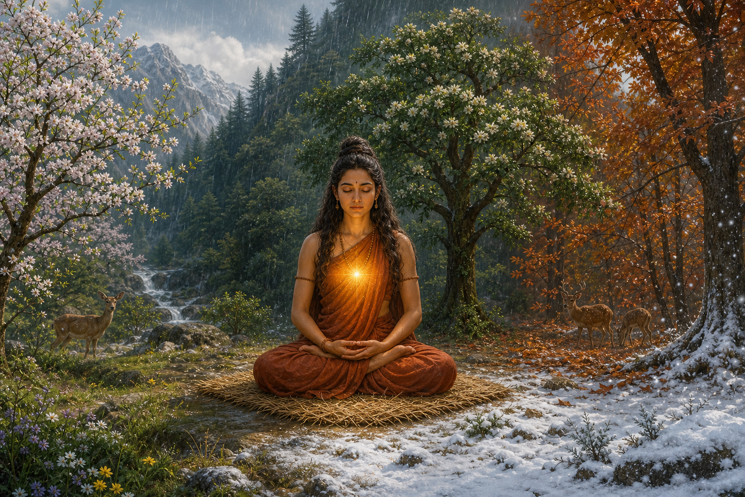 Parvati remains seated in meditation at the center of a forest clearing shown passing through spring, monsoon, autumn, and winter.