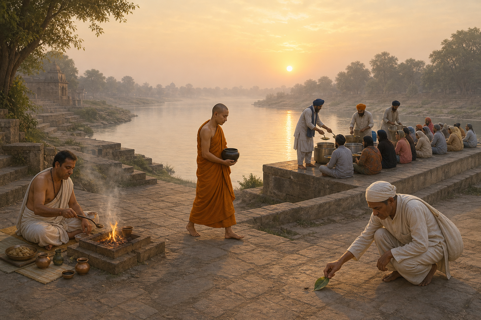Separate groups beside one river perform a fire offering, walk with an alms bowl, protect a small insect, and serve a communal meal.