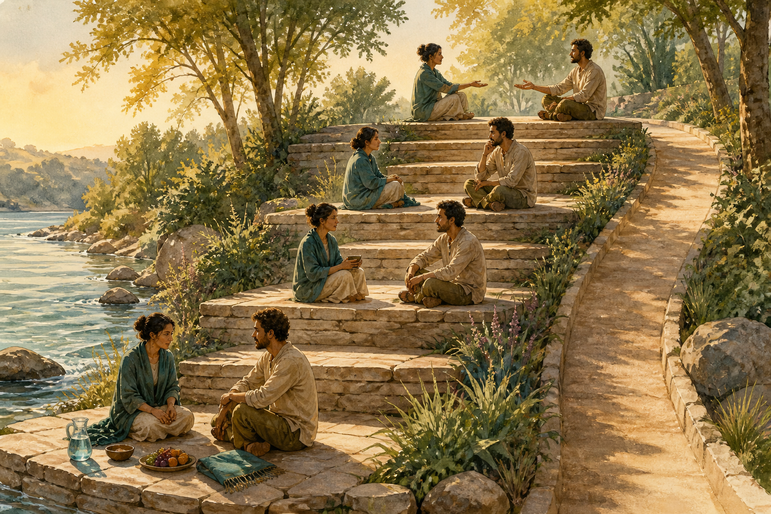 Two adults move at an unhurried pace along six broad garden steps, with food, water, and a folded shawl placed near the first step.