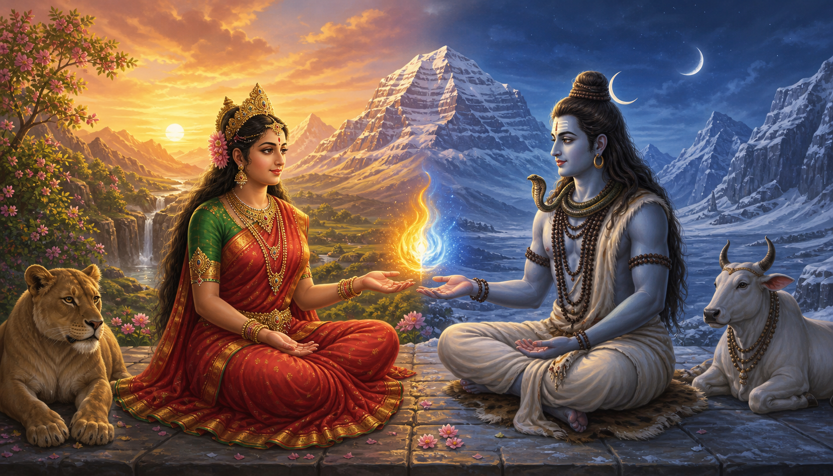 Parvati and Shiva sit as distinct equals on Mount Kailasa while warm and cool landscapes meet around a small flame between their open hands.