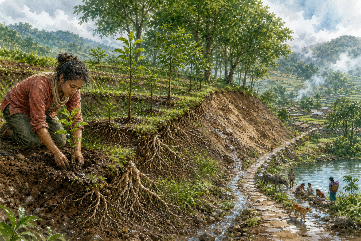 A person plants a tree on a terraced hillside where older trees protect a path and channel rainwater toward a village pond.