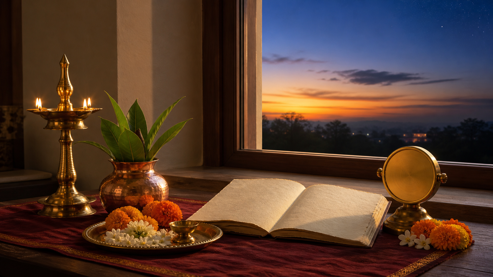 A brass oil lamp, copper kalash, flowers, prayer plate, blank almanac, and unmarked clock arranged beside a window at sunset fading into twilight.