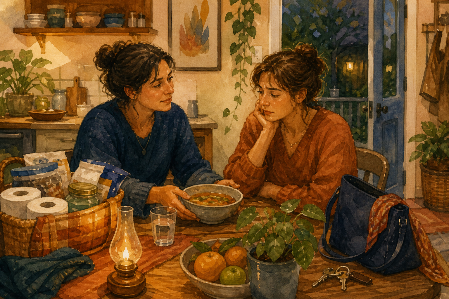 One adult serves a meal and listens across a kitchen table while practical supplies, a bag, and keys remain within the other person's reach.