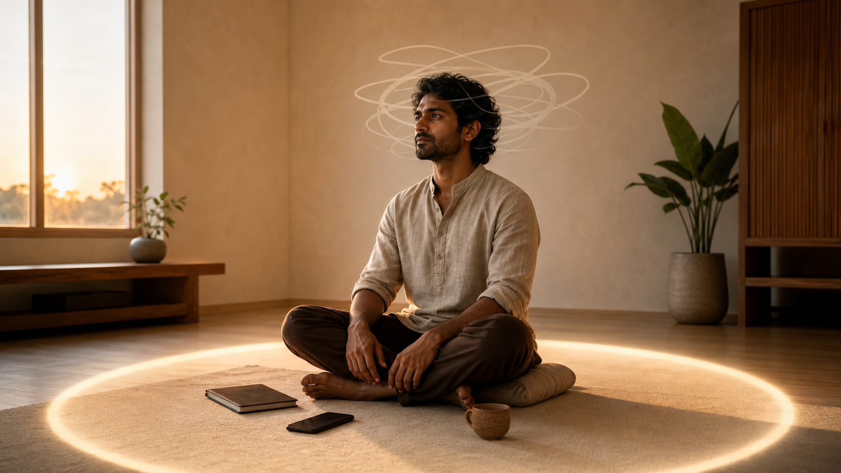 A seated adult in a softly lit room is surrounded by tangled translucent ribbons and a wider circle of clear warm light.