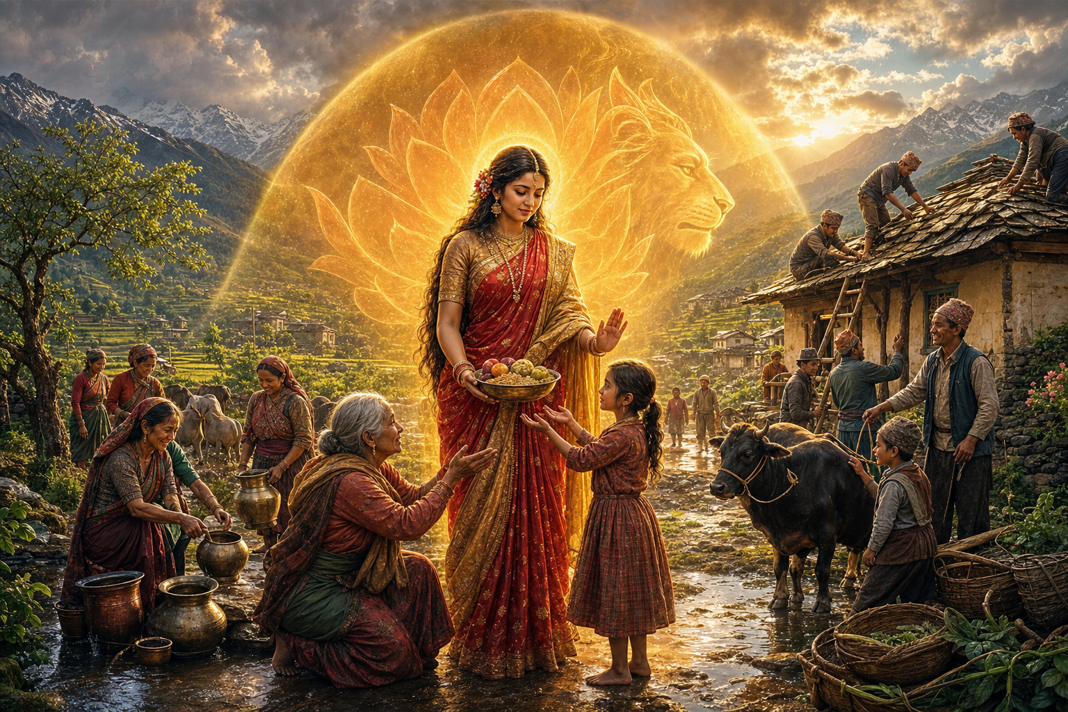 Parvati offers food and reassurance to villagers while her golden aura shelters people, animals, homes, and fields after a storm.