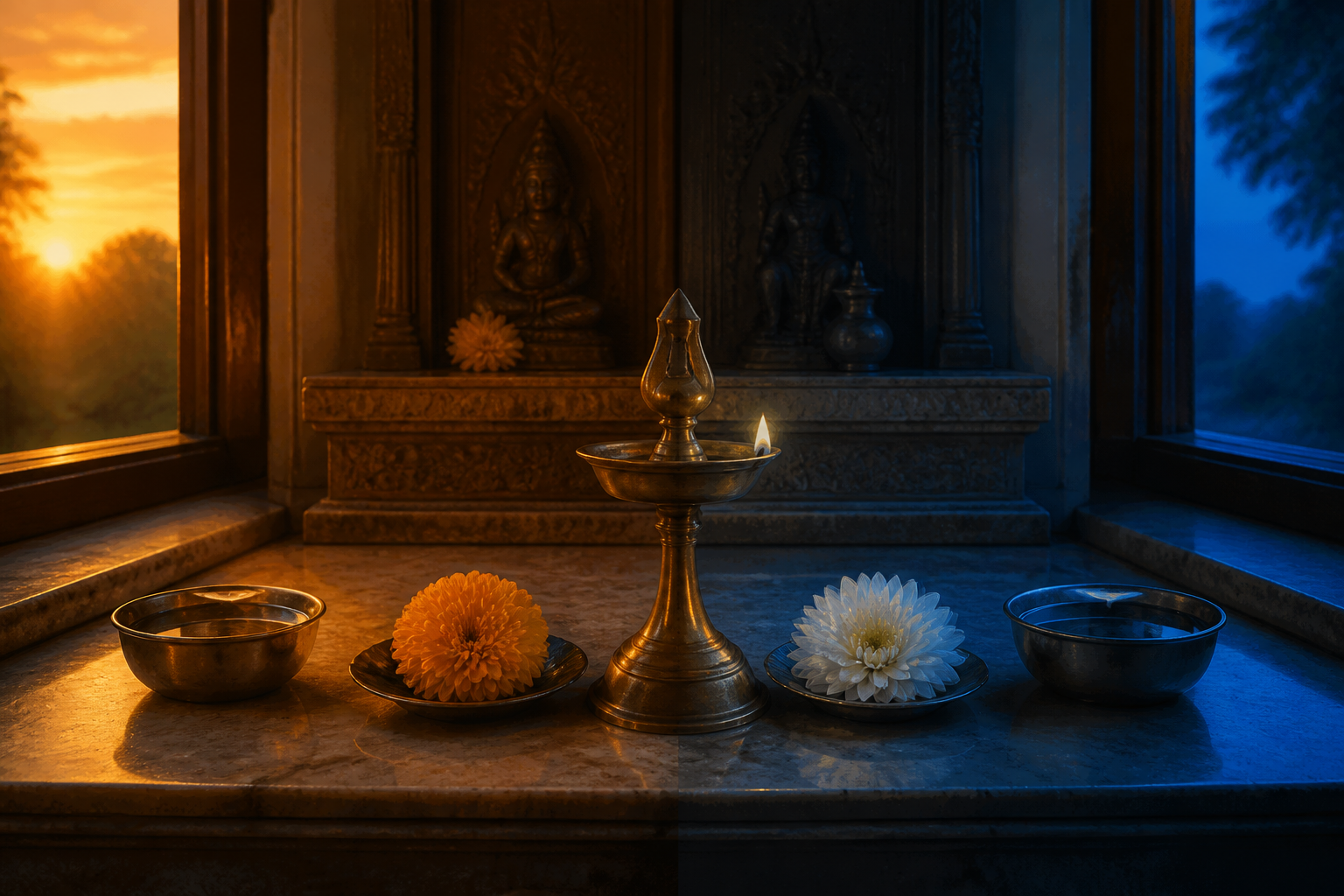 A home shrine divided by warm sunset and cool evening light, with a brass lamp and separate flower offerings on either side.
