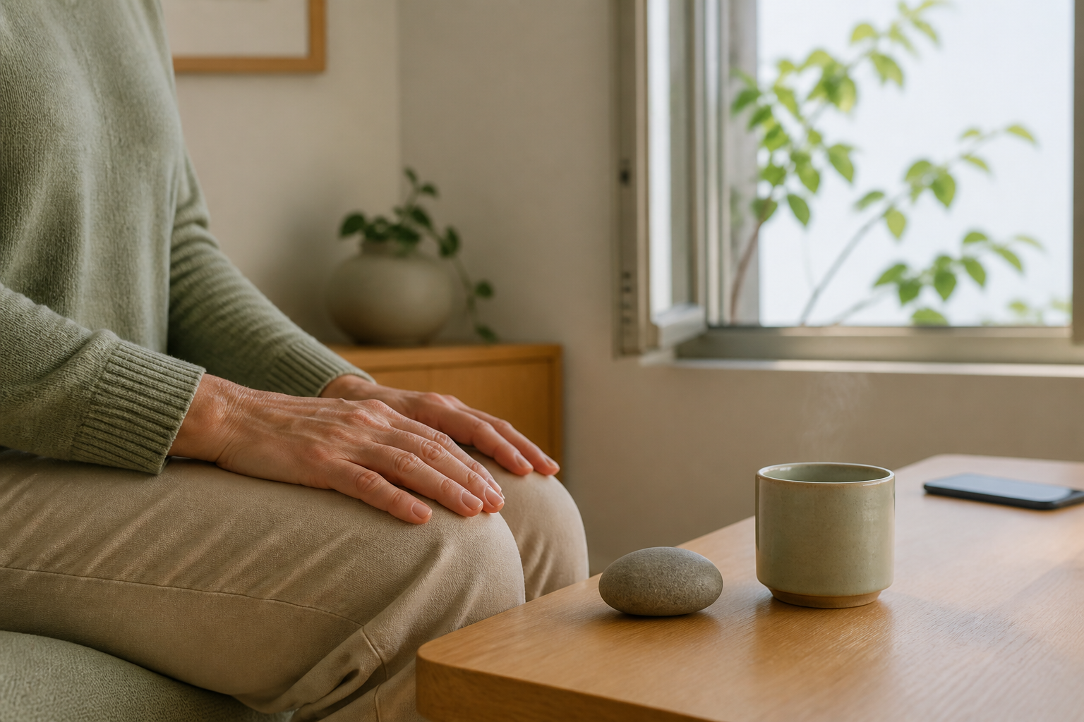 A seated person's hands rest near a smooth stone and steaming cup beside an open window with leafy branches.