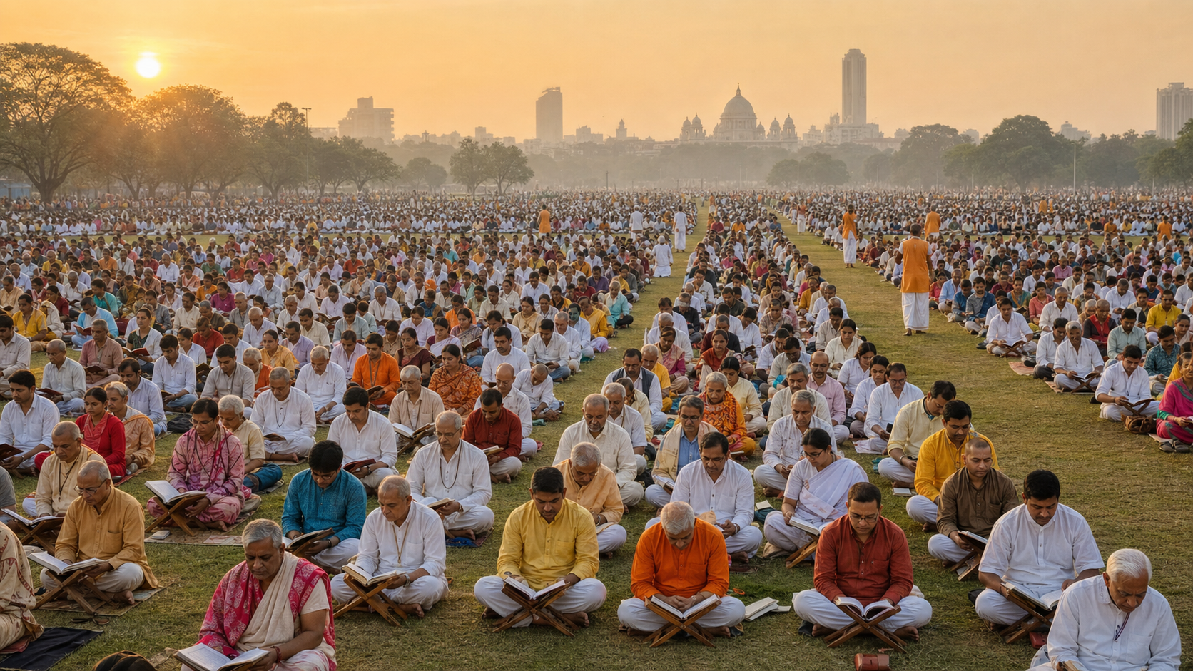 A large, orderly gathering sits on the grass of Kolkata's Maidan for a collective scripture recitation at sunrise.