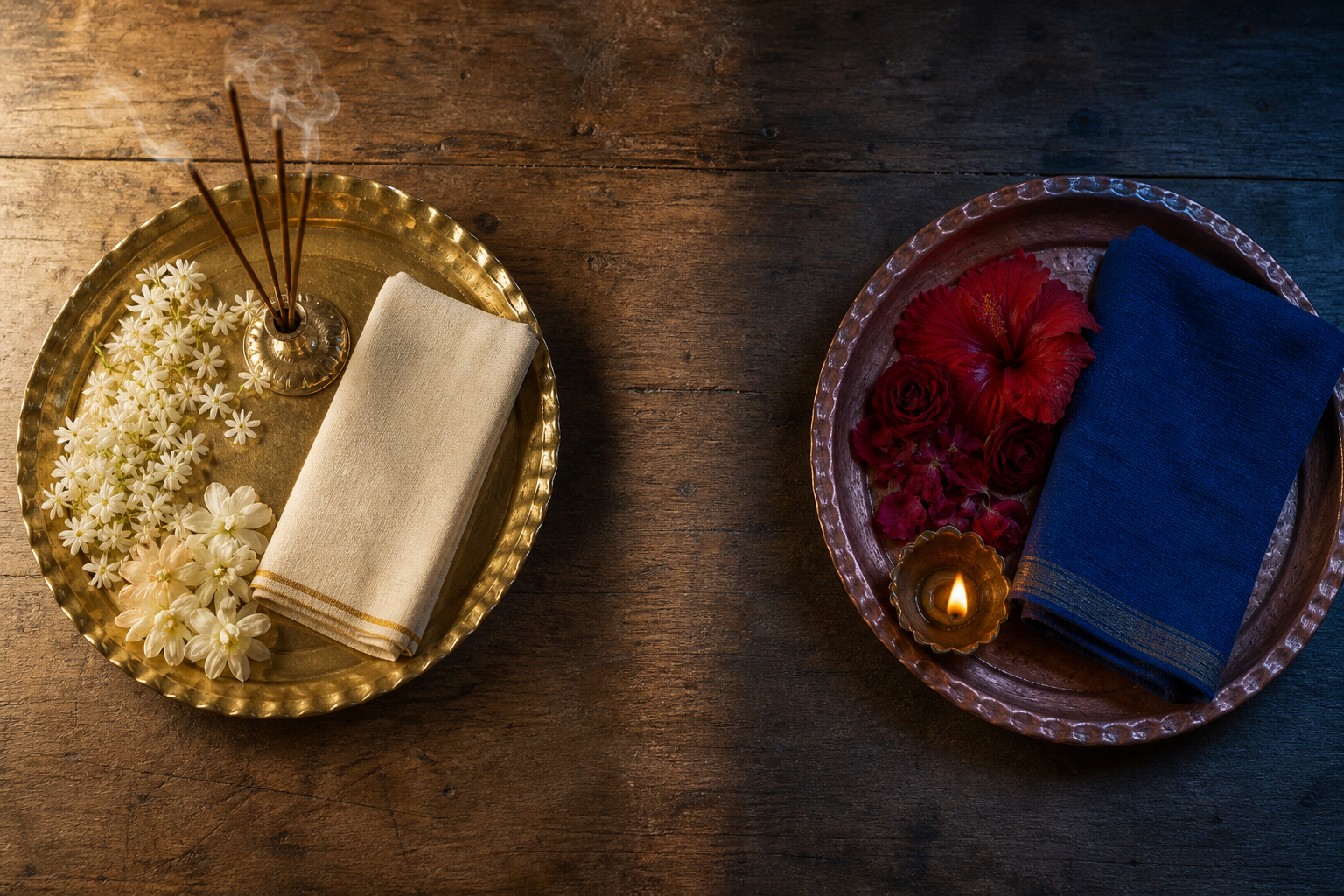 Two separate puja arrangements with flowers, lamps, and folded cloths are placed on opposite sides of a wooden surface.