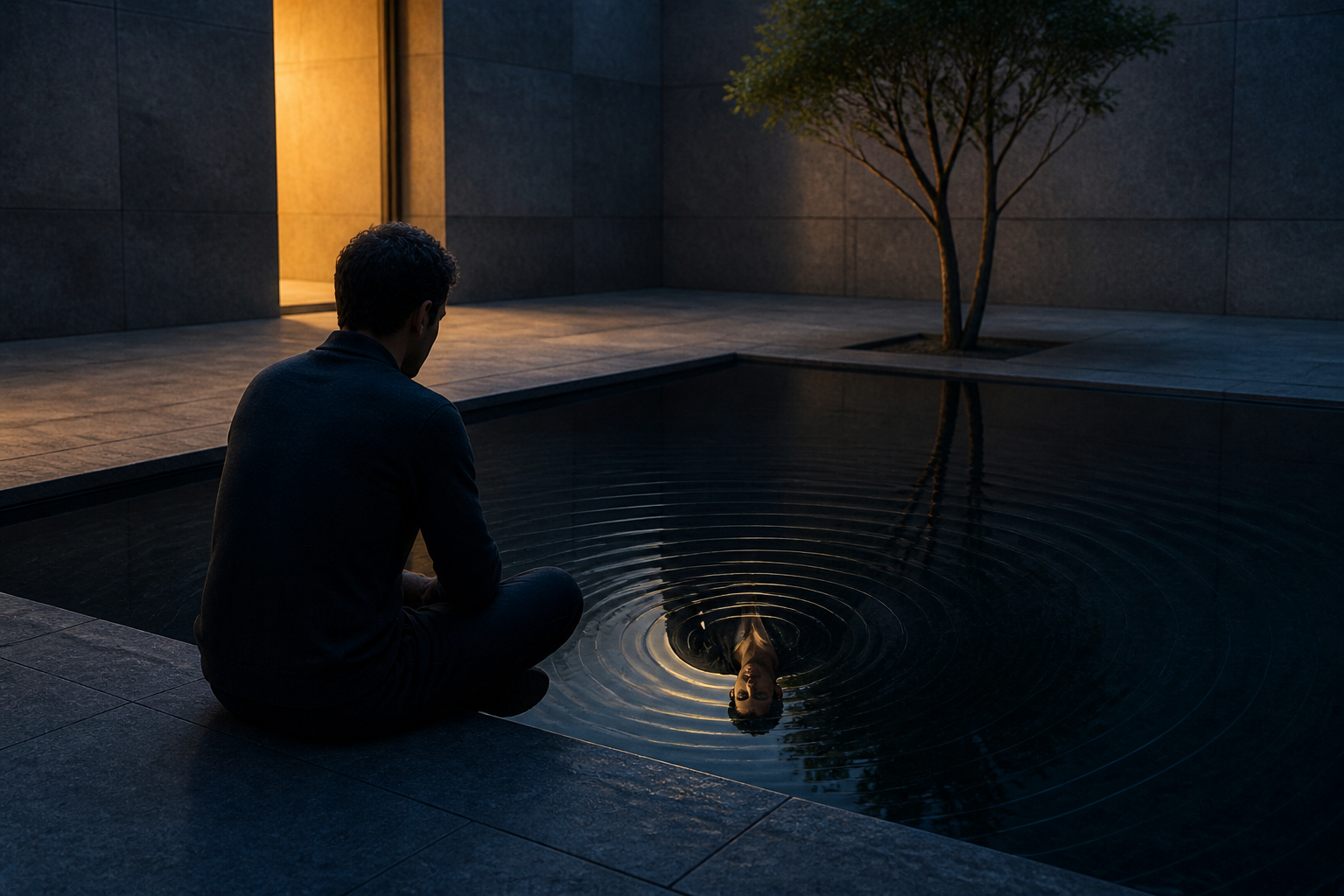 An adult sits beside a reflecting pool as concentric ripples settle around the reflection of their face.