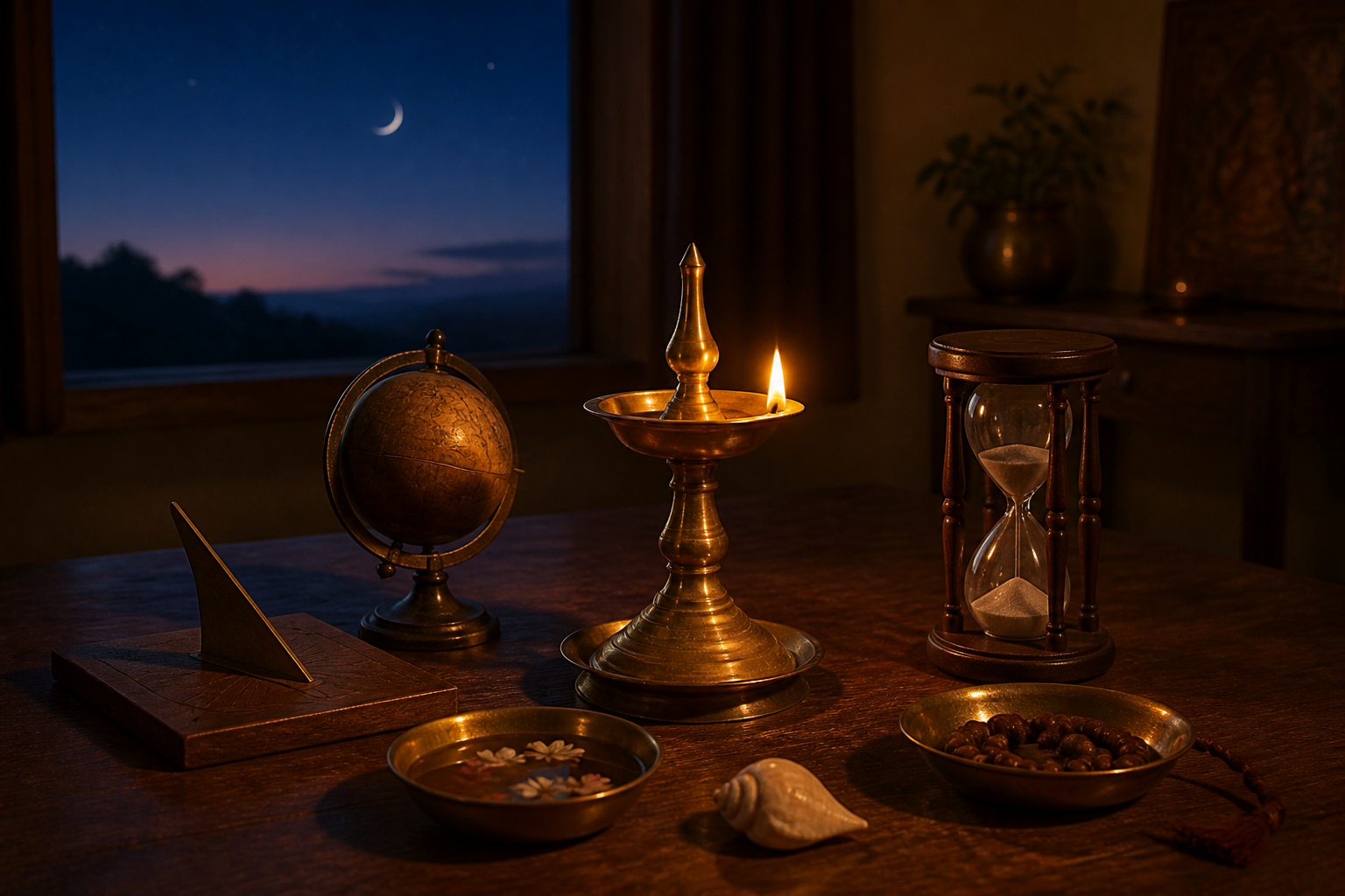 A brass lamp is surrounded by an hourglass, an unmarked sundial, and celestial elements beneath a twilight sky.