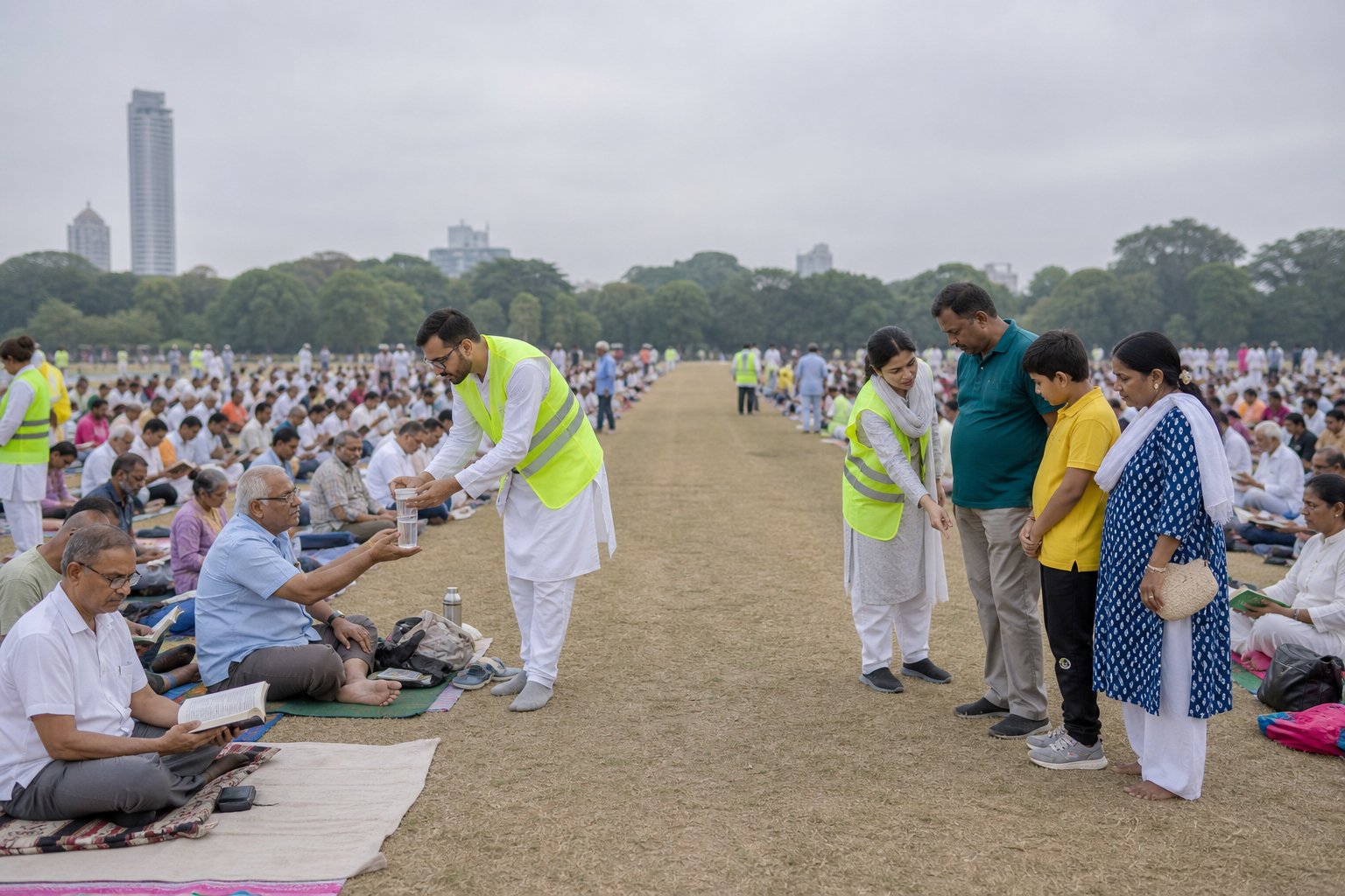 Volunteers maintain a clear aisle, distribute water, and assist attendees during a large outdoor recitation gathering.