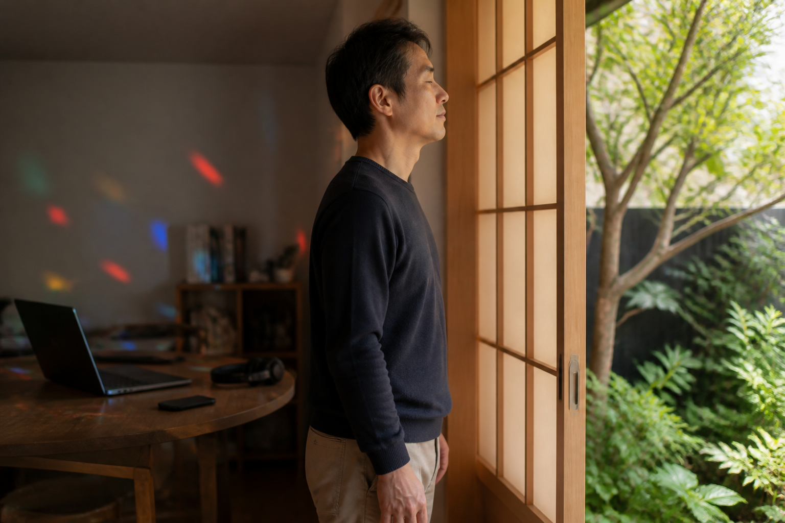 An adult closes a wooden panel between a cluttered home office and a quiet, sunlit garden alcove.