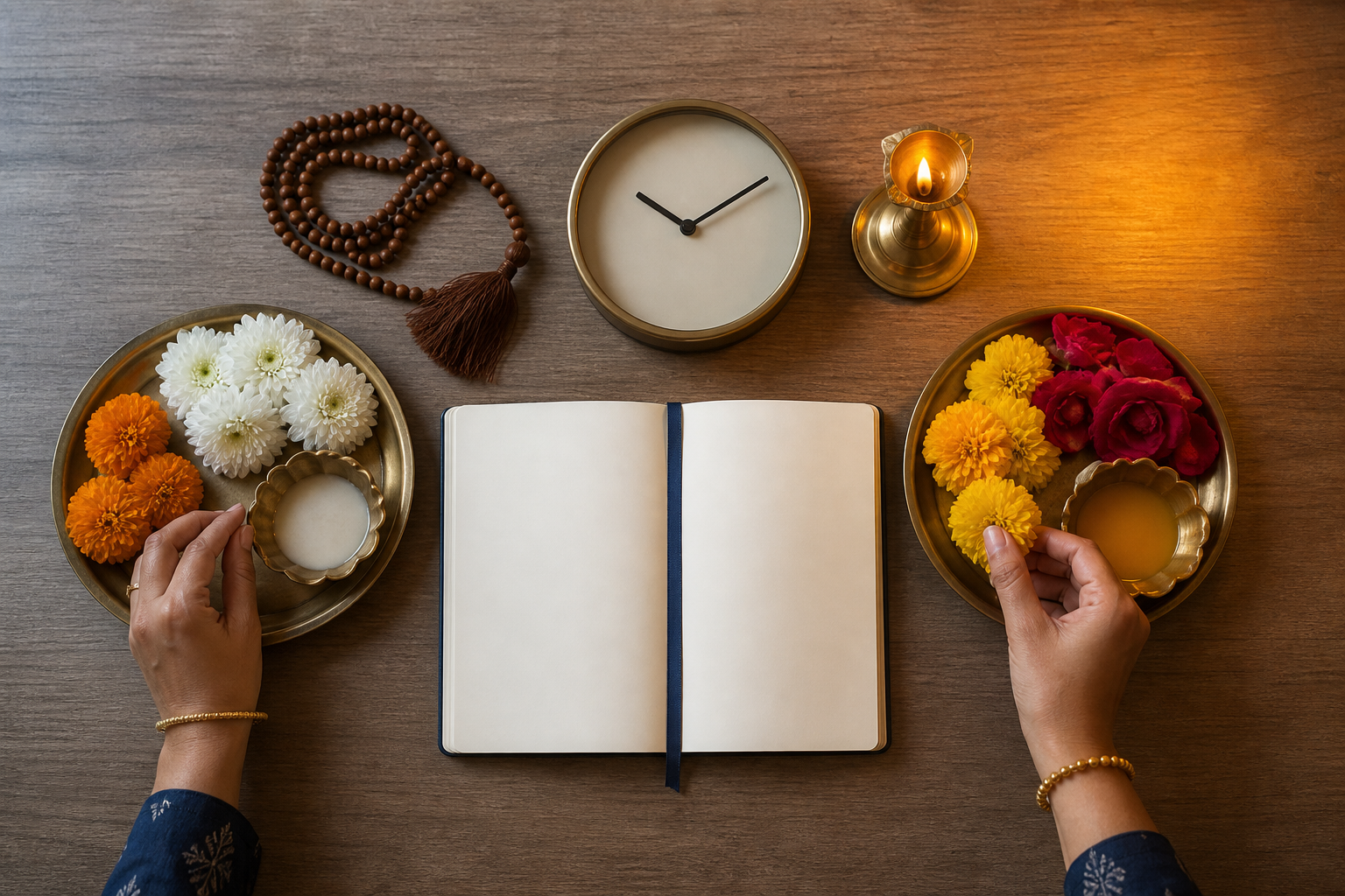 A pair of hands organizes two sets of puja items beside a blank notebook, prayer beads, flowers, and an unmarked clock.