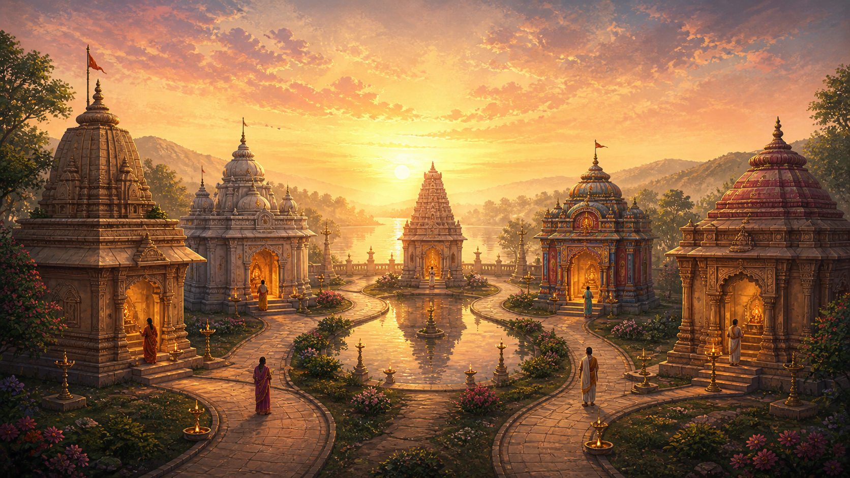 Several illuminated shrine alcoves and separate stone paths surround a reflective pool beneath a luminous dawn sky in an Indian temple courtyard.