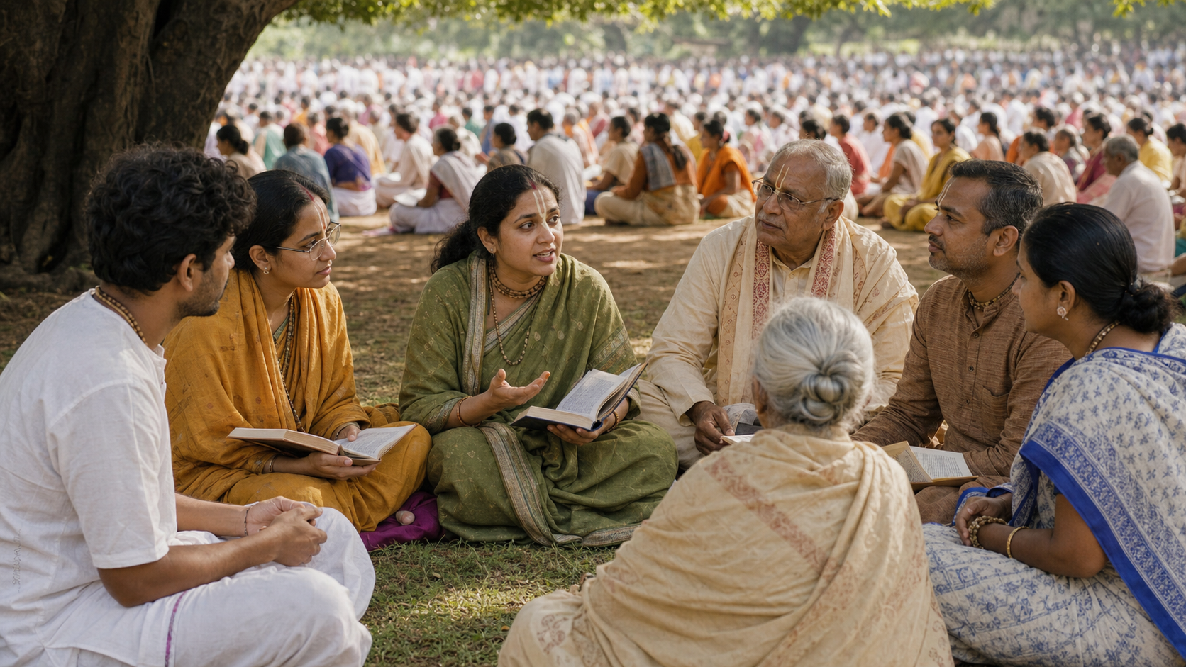 Hindu practitioners of different ages and regional traditions sit together with scripture books beneath a tree.