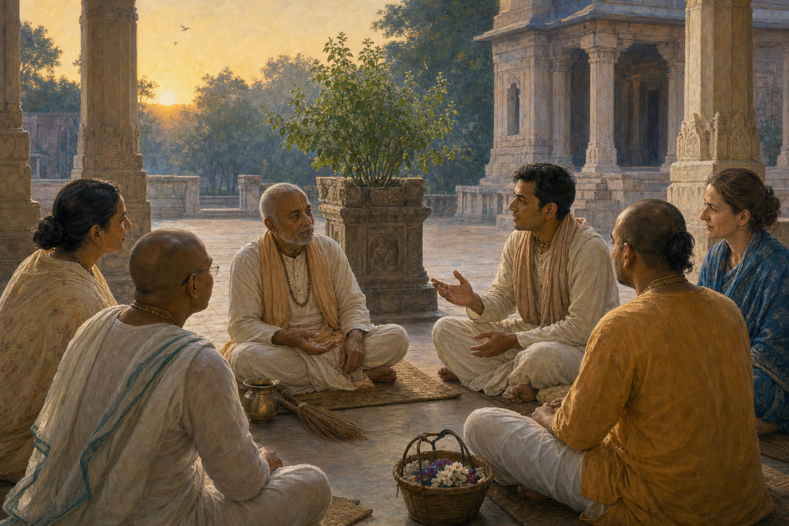 A Vaishnava teacher sits on a simple mat and listens to a younger devotee in a dawn-lit temple courtyard while other devotees gather nearby.
