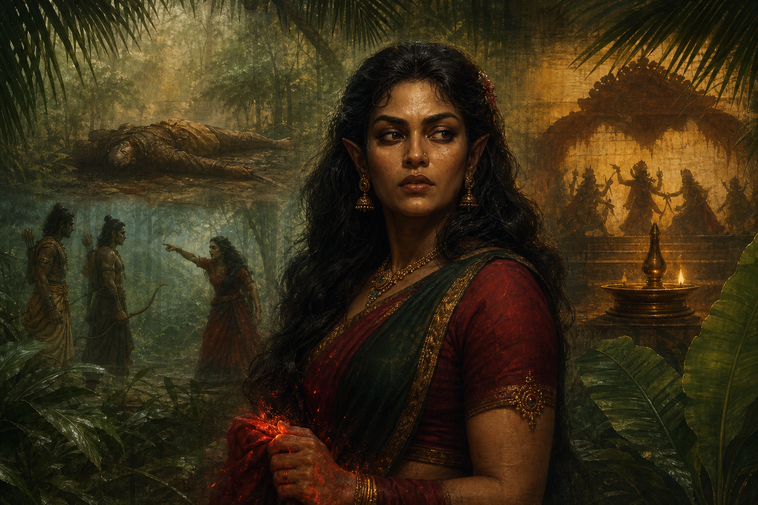 Surpanakha stands in a tropical forest before layered scenes of a fallen warrior, a forest confrontation, and a lamp-lit Kerala performance stage.