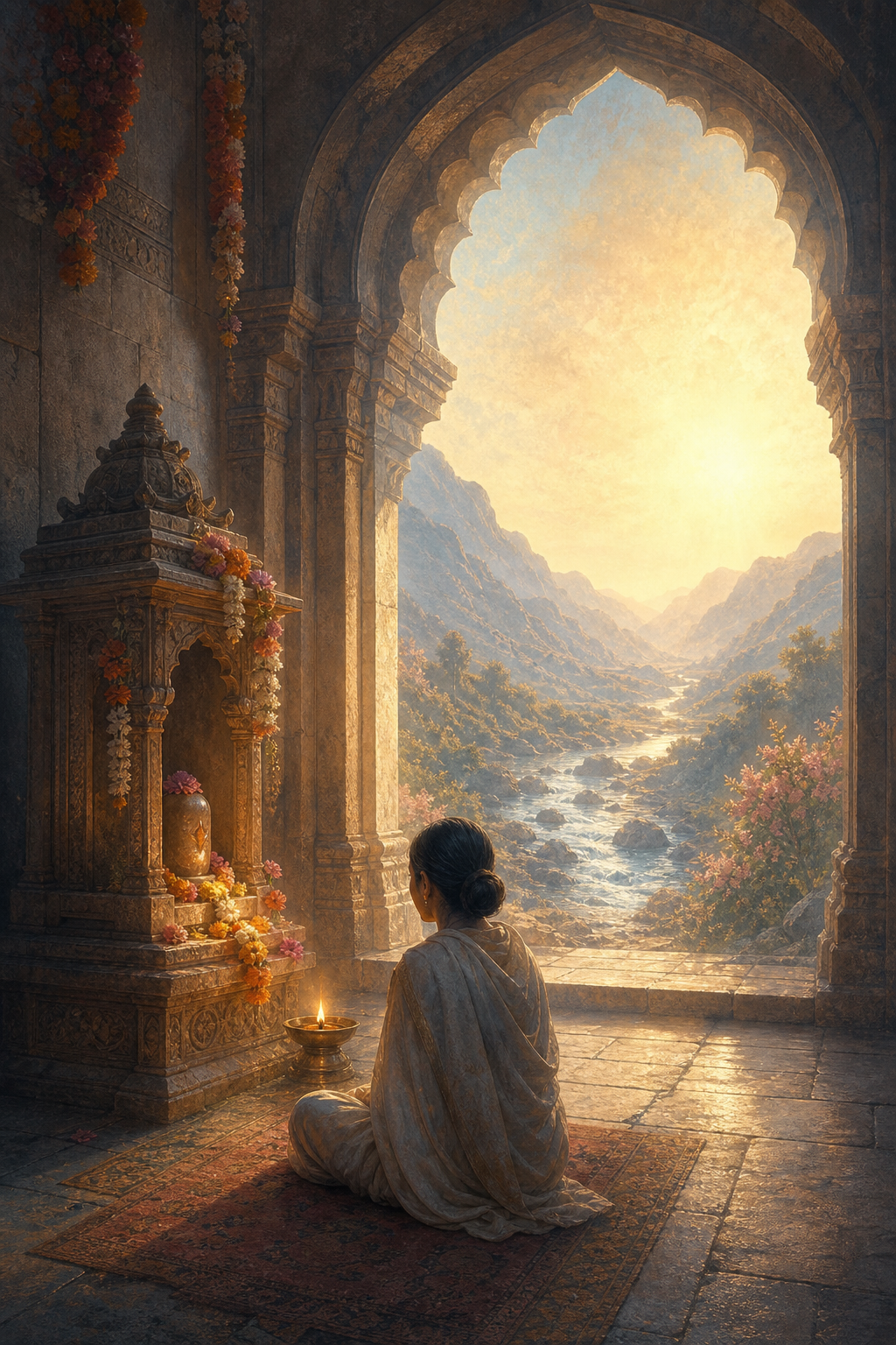 A seated devotee faces a flower-adorned shrine and oil lamp while temple arches open onto a river, mountains, and a radiant sky.