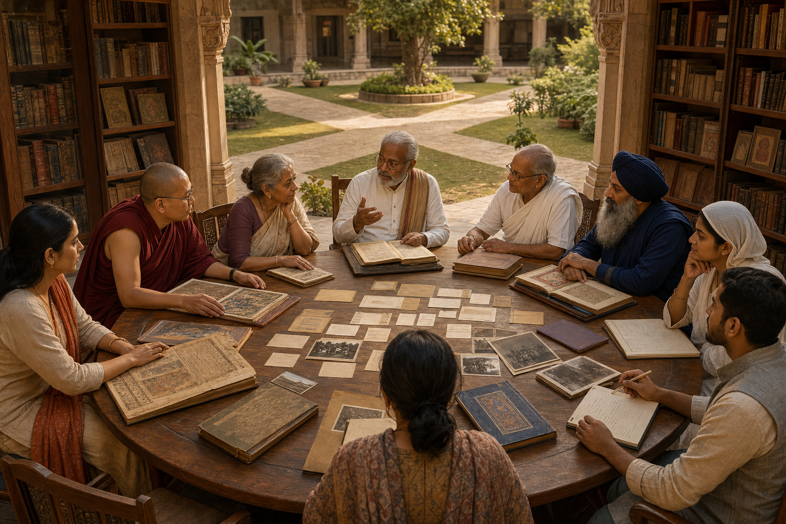 Hindu, Buddhist, Jain, and Sikh scholars and community learners study separate manuscripts and books together around a round table in a library courtyard.
